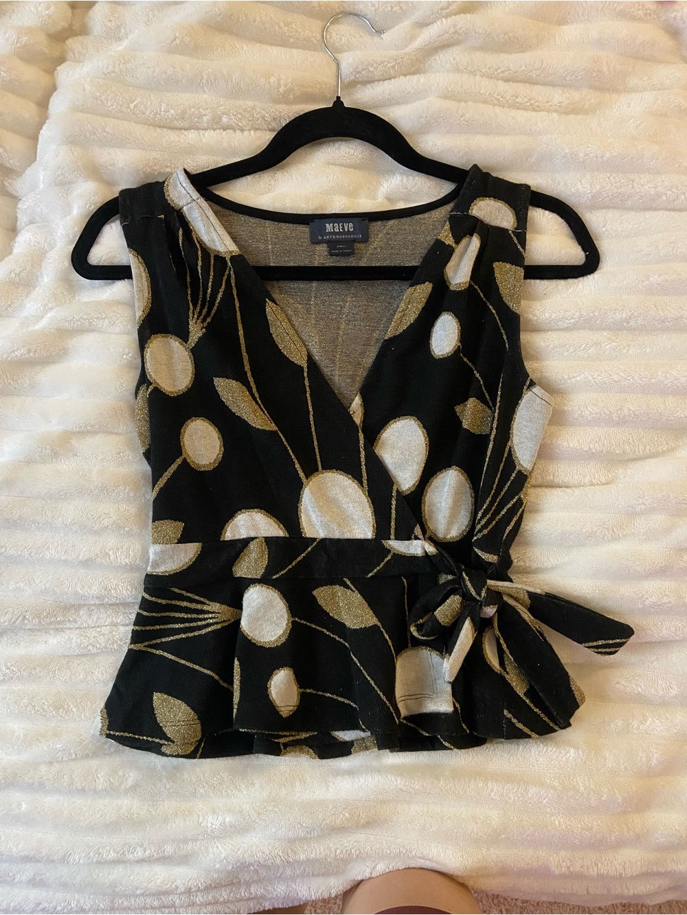 Anthropologie Black Top with Gold and Cream Floral Accents